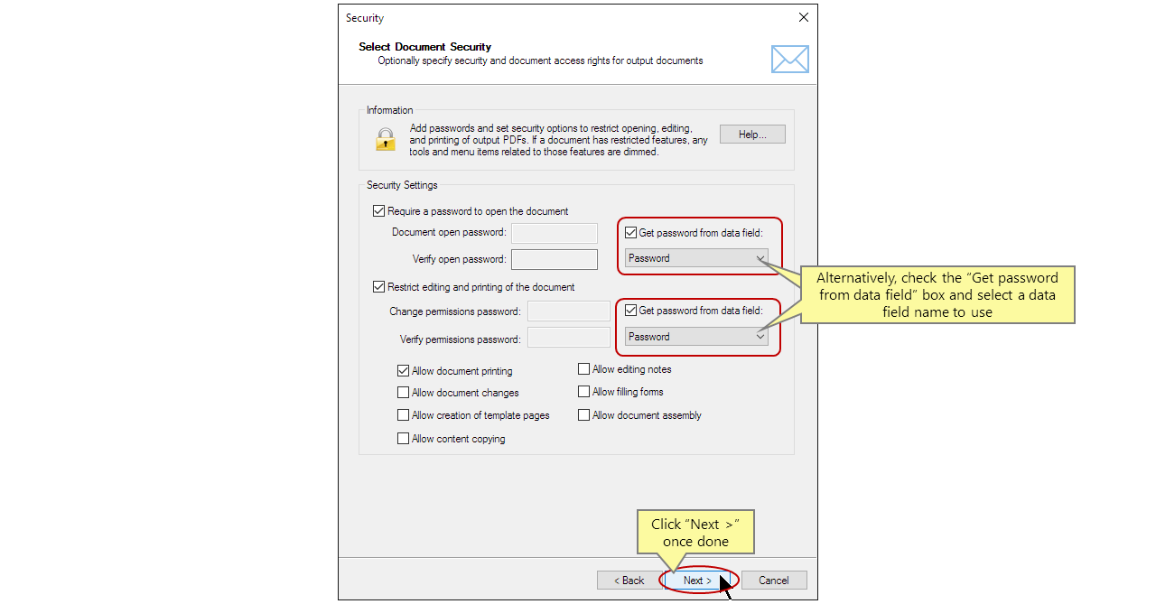 Specify individual password protection settings